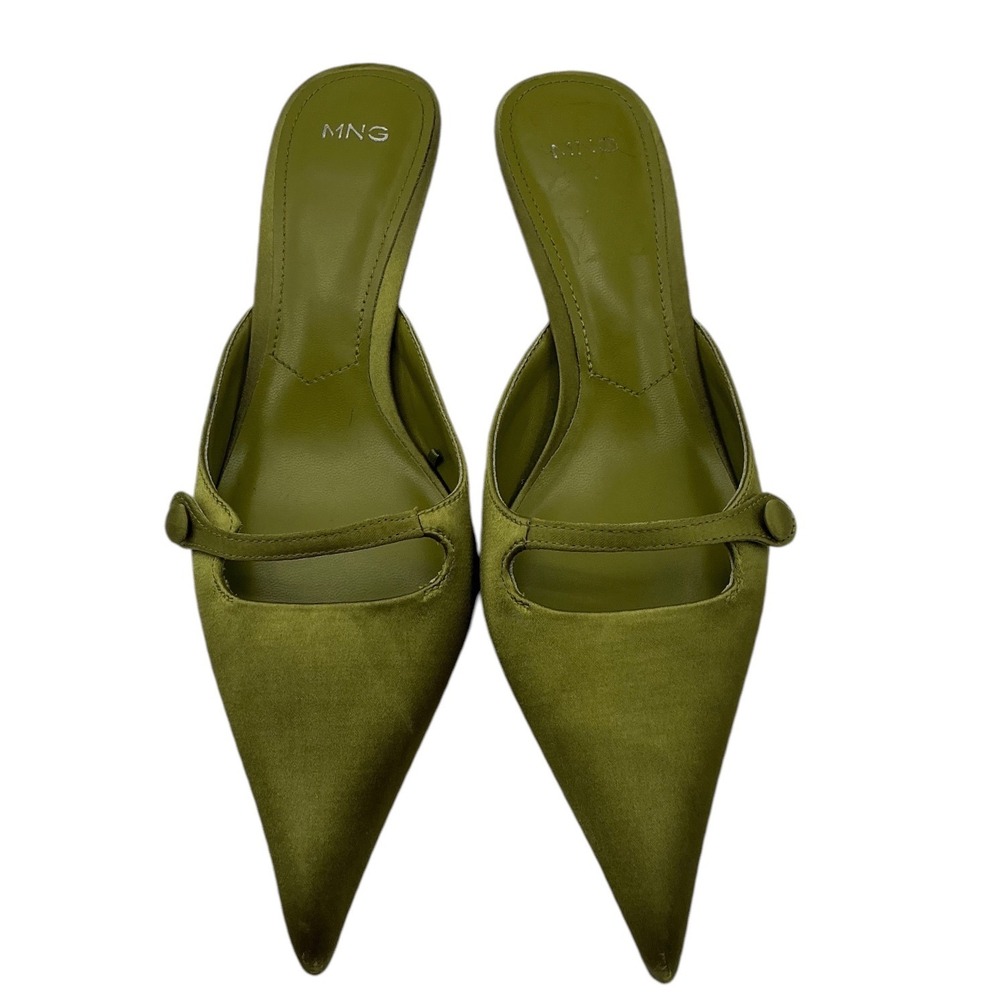 MNG Mango Olive Green Satin Pointed Toe Kitten Heel Mules Size 36 EU